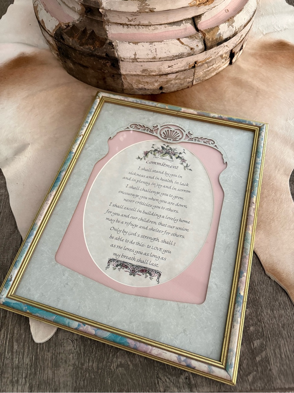 Vintage Framed Pink Blue Marriage Commitment Art Print with Decorative Gold Trim